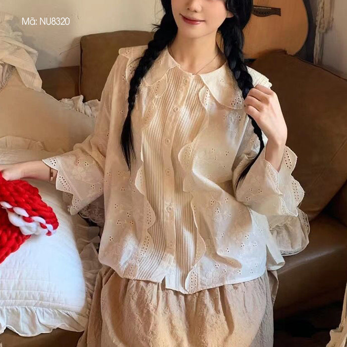 Áo sơ mi linen Morigirl dài tay thêu hoa lá đính ren  - NU8320