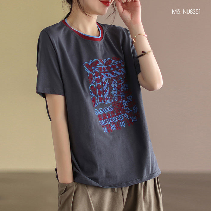 Áo T-shirt ngắn tay cổ tròn thêu hoa văn trừu tượng - NU8351
