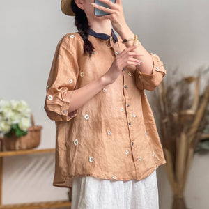 Áo sơ mi linen ngắn cổ pipi thêu hoa bốn cánh - NU7446