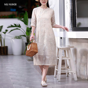 Đầm liền linen ngắn tay cổ tàu thêu hoa đơn sắc - NU8438