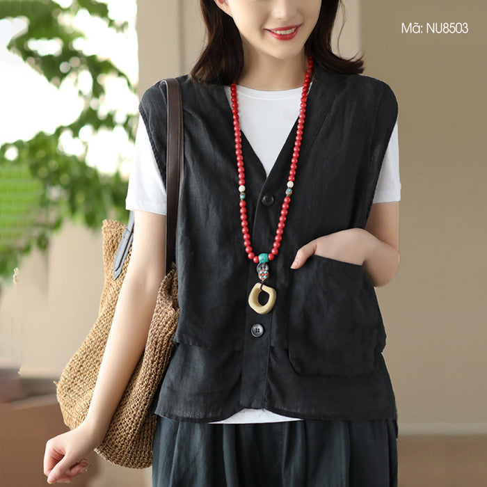 Áo sơ mi linen sát nách cổ V kiểu hai lớp túi vuông - NU8503
