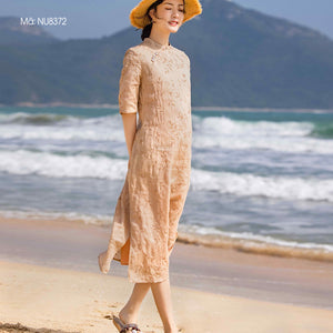 Đầm liền linen ngắn tay cổ đứng khuy lệch thêu hoa lá - NU8372
