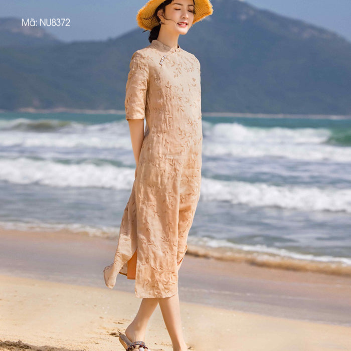 Đầm liền linen ngắn tay cổ đứng khuy lệch thêu hoa lá - NU8372