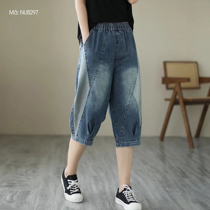 Quần baggy lửng denim lưng thun mảng màu - NU8297