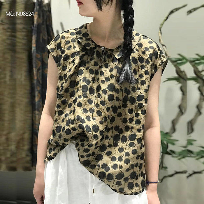 Áo sơ mi linen sát nách cổ pipi in hoa văn retro - NU8624