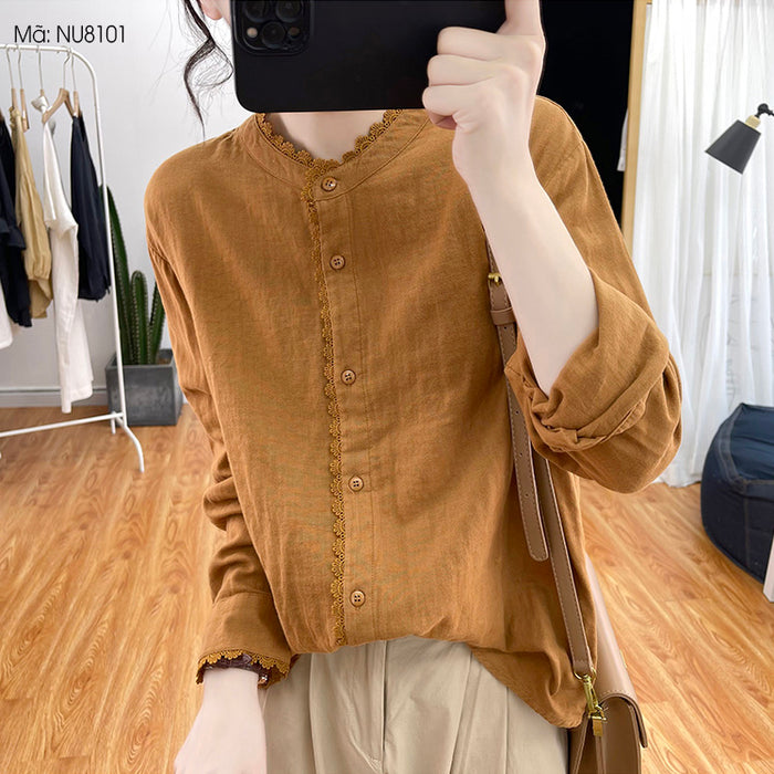 Áo sơ mi dài tay cổ tròn đính ren một màu - NU8101
