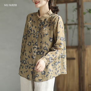 Áo sơ mi linen dài tay cổ đức in hoa lá túi giả - NU8208