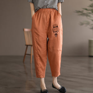 Quần baggy linen lưng thun thêu cô bé tóc xù - NU6830