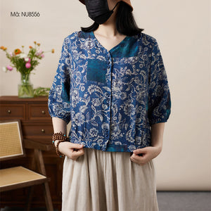 Áo sơ mi tay lửng cổ V in hoa văn retro - NU8555