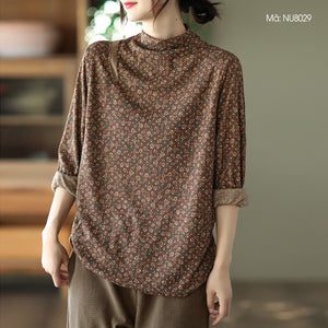 Áo T-shirt dài tay cổ đứng in hoa liti - NU8028