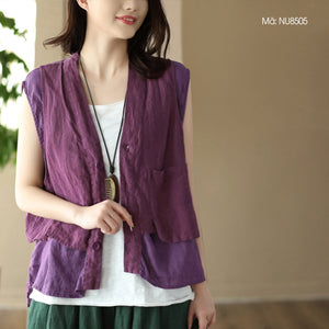 Áo sơ mi linen sát nách cổ V kiểu hai lớp túi vuông - NU8503
