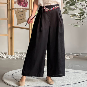 Quần baggy linen lưng cao thêu hoa văn ống rộng - NU8413