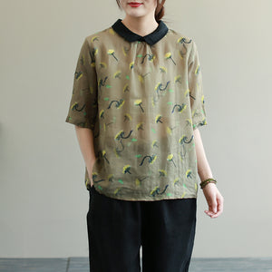 Áo sơ mi linen ngắn tay cổ pipi in hoa cúc khuy sau - NU5992