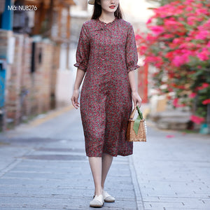 Đầm liền linen ngắn tay cổ tròn xếp ly in hoa liti - NU8275