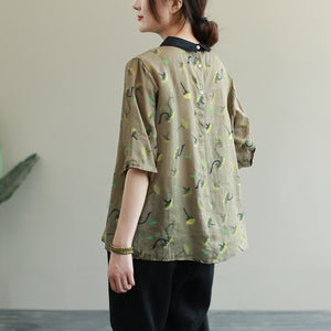 Áo sơ mi linen ngắn tay cổ pipi in hoa cúc khuy sau - NU5992