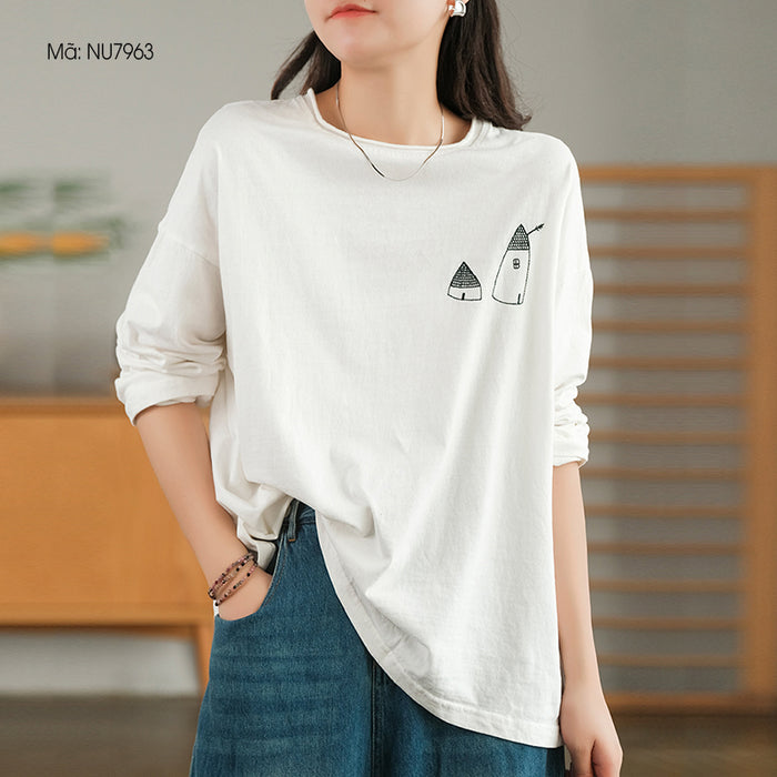 Áo T-shirt dài tay cổ tròn thêu ngôi nhà nhỏ - NU7961