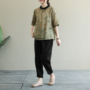 Áo sơ mi linen ngắn tay cổ pipi in hoa cúc khuy sau - NU5992