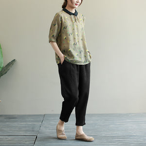 Áo sơ mi linen ngắn tay cổ pipi in hoa cúc khuy sau - NU5992