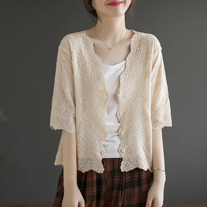 Áo khoác cardigan linen ngắn tay thêu hoa văn cổ V - NU8663