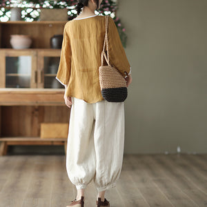 Áo sơ mi linen tay lửng cổ tròn bo viền khuy đôi - NU7408