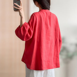 Áo sơ mi linen tay lửng cổ tàu vạt chéo thêu hoa văn - NU8280