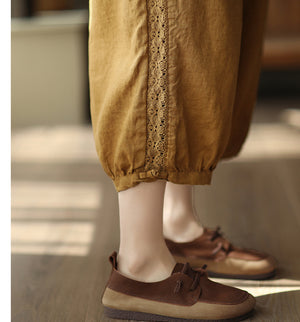 Quần baggy linen lưng thun dây rút thêu ren hai bên - NU7479