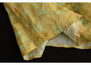 Áo sơ mi linen ngắn tay cổ V khuy đôi in hoa lá - NU8578