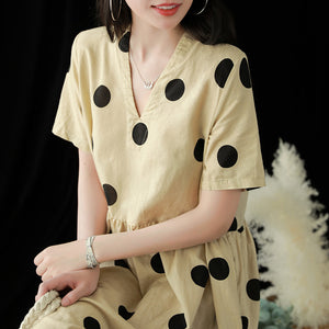 Đầm liền linen ngắn tay cổ V chấm bi - NU5767