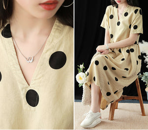 Đầm liền linen ngắn tay cổ V chấm bi - NU5767