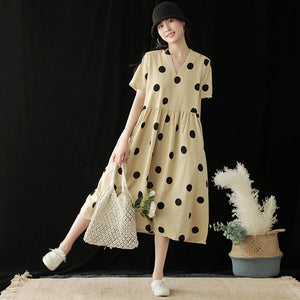 Đầm liền linen ngắn tay cổ V chấm bi - NU5767