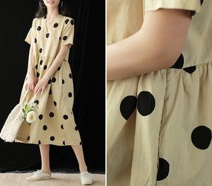 Đầm liền linen ngắn tay cổ V chấm bi - NU5767