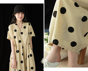 Đầm liền linen ngắn tay cổ V chấm bi - NU5767