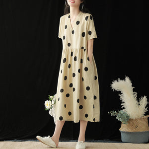 Đầm liền linen ngắn tay cổ V chấm bi - NU5767