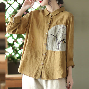 Áo sơ mi linen dài tay cổ đức thêu hoa lan  - NU6724