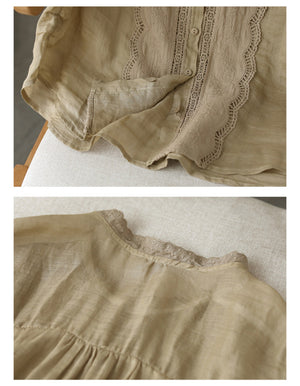 Áo sơ mi linen ngắn tay thêu ren bông tuyết - NU8610