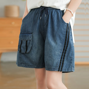 Quần sooc denim lưng thun dây rút hai sọc - NU7510