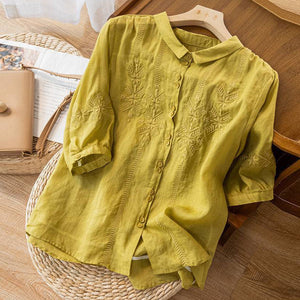 Áo sơ mi linen ngắn tay cổ pipi thêu những bông tuyết đối xứng - NU7182