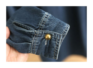 Áo sơ mi denim dài tay cổ đức form dài túi tam giác kiểu - NU8300