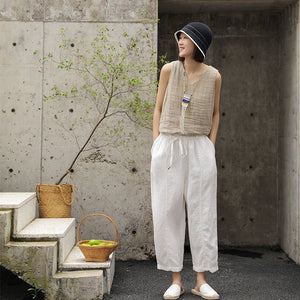 Quần baggy linen lưng thun dây rút một màu - NU8358