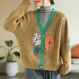 Áo khoác len cardigan dài tay cổ V móc những bông hoa - NU8065