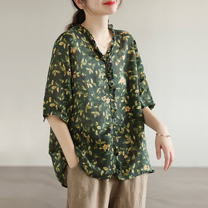 Áo sơ mi linen ngắn tay cổ V đính bèo in hoa lá - NU7300