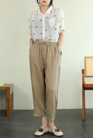 Quần baggy linen lưng thun dây rút thêu kẹo ngọt - NU7288