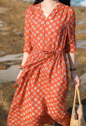 Đầm liền linen tay lửng cổ V hoa văn những vòng tròn - NU8260