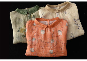 Áo sơ mi linen ngắn tay cổ pipi họa tiết hoa lá - NU6806