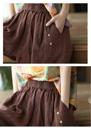 Quần sooc linen lưng thun thêu dây leo đính khuy - NU6959