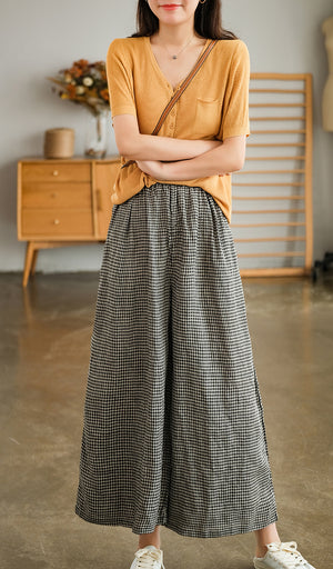 Quần baggy linen lưng thun kẻ sọc caro nhỏ ống rộng - Q258