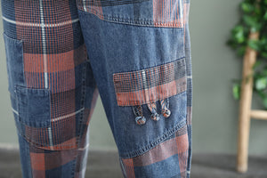 Quần baggy denim retro lưng thun kẻ sọc caro - NU8205