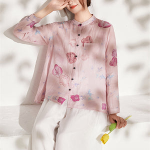 Áo sơ mi linen dài tay cổ đứng in màu nước - NU6735