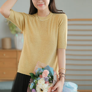 Áo T-shirt len dệp kim ngắn tay cổ tròn một màu - NU7622