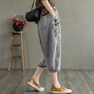 Quần baggy denim retro lưng thun sờn thêu hoa văn - NU6619